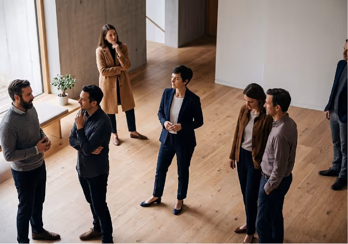 Six diverse professionals standing and conversing in a bright, open space with wooden floors.