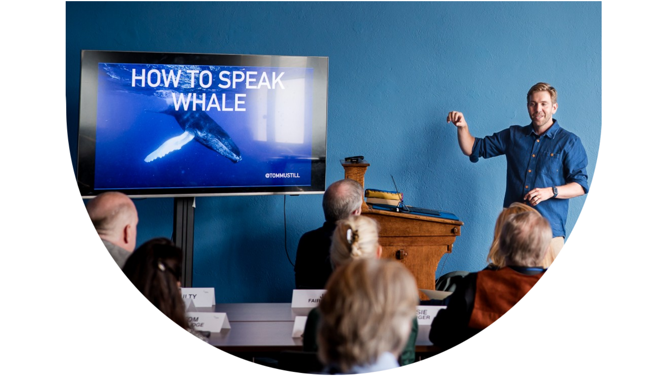 Man in blue shirt giving a presentation titled 'How to Speak Whale' with an image of a whale on screen to a Thompson Harrison audience.