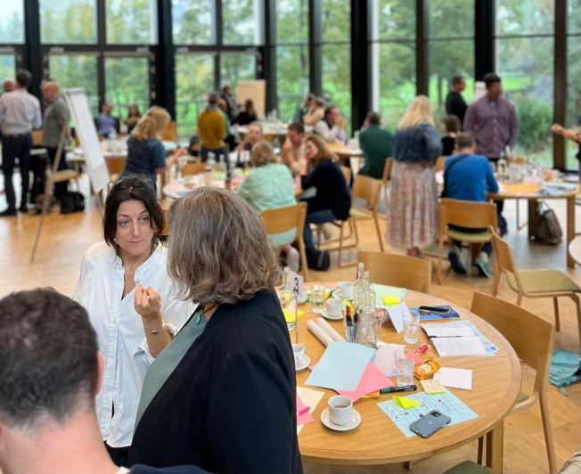 People engaged in conversation and group activities around tables in a well-lit room with large windows at a Thompson Harrison team learning day.
