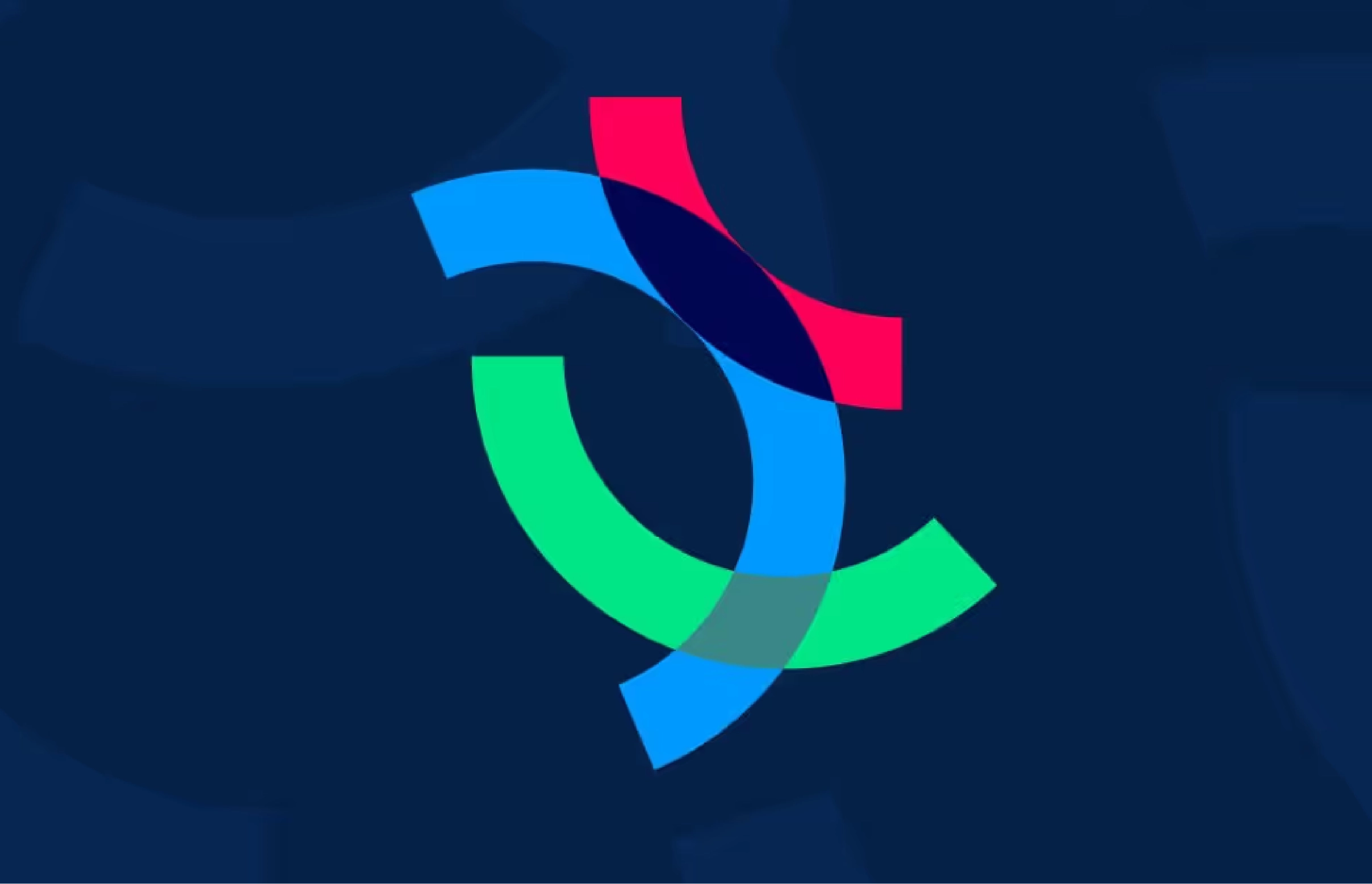 Abstract intertwined curved shapes in pink, blue, and green on a dark blue background, representing Collective Intelligence, Thompson Harrison's podcast.
