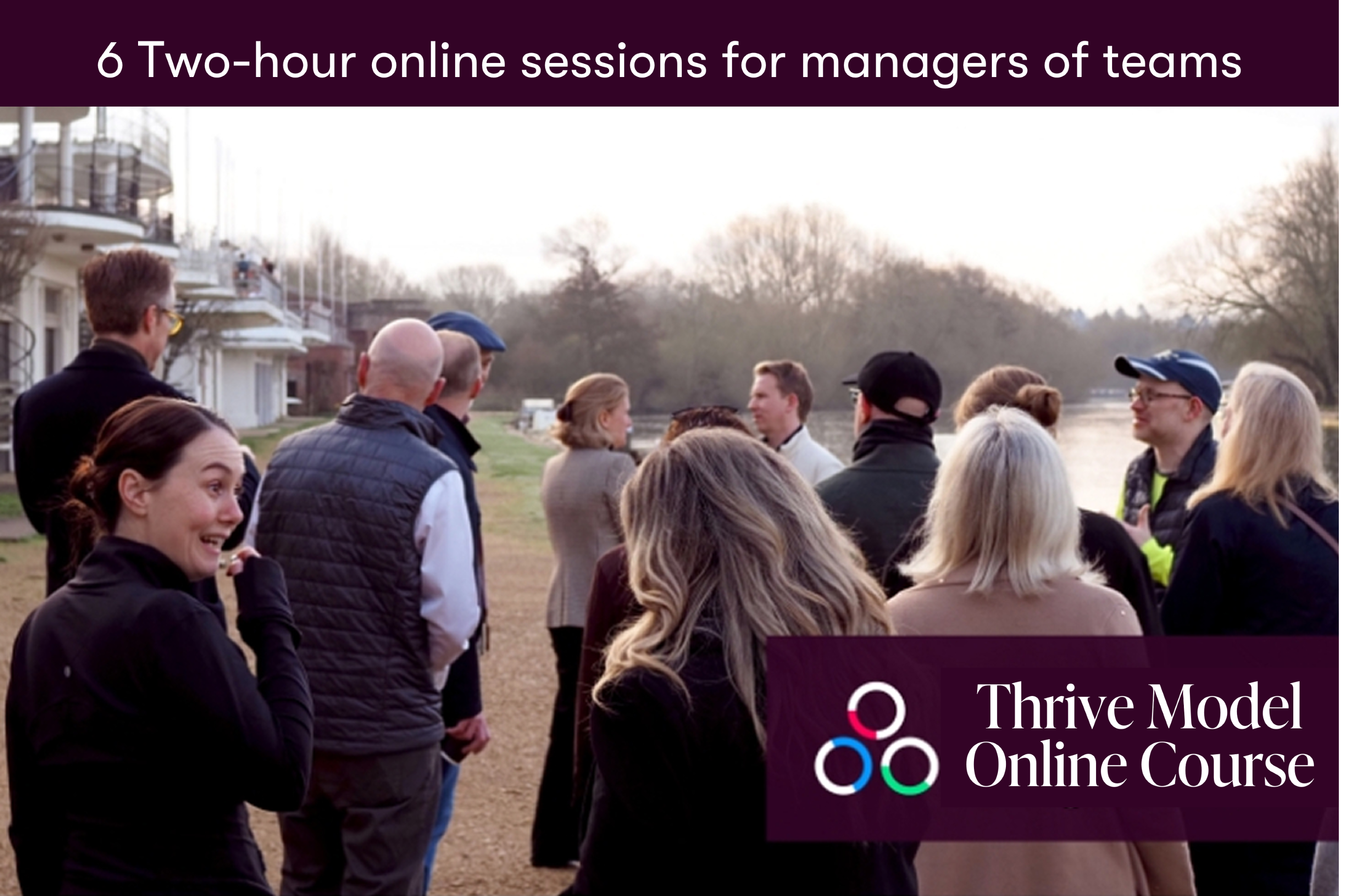 Group of people outdoors near a river on a cloudy day with Thrive 3-Day Programme logo.