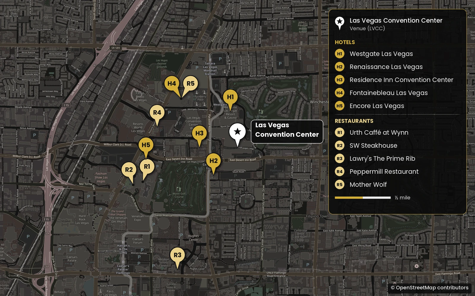 Map of Las Vegas Convention Center with the recommended hotels and restaurants