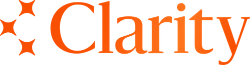 Clarity company logo with orange stylized stars to the left.