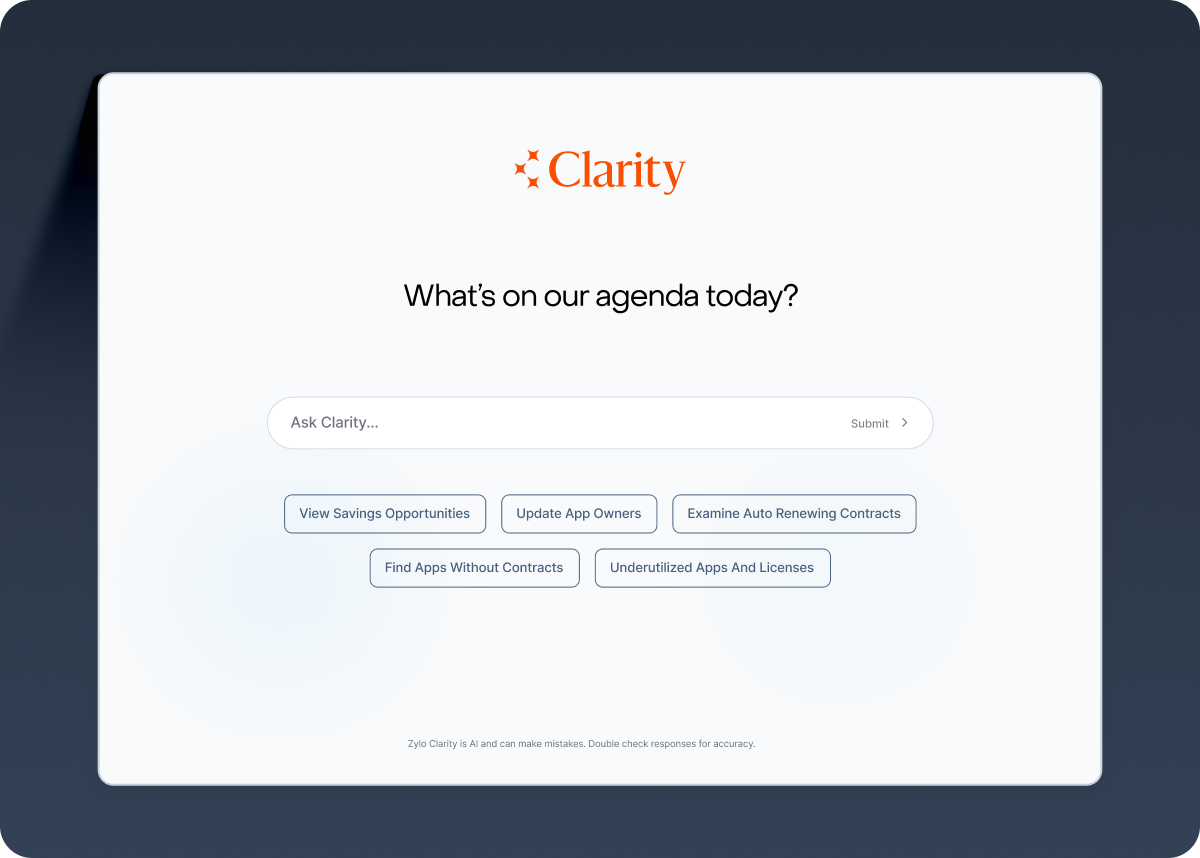 Clarity AI interface with a search bar and buttons for viewing savings, updating owners, and examining contracts.