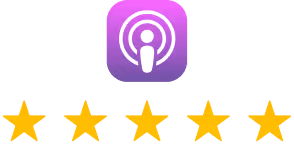 Purple podcast app icon above five yellow stars indicating a five-star rating.