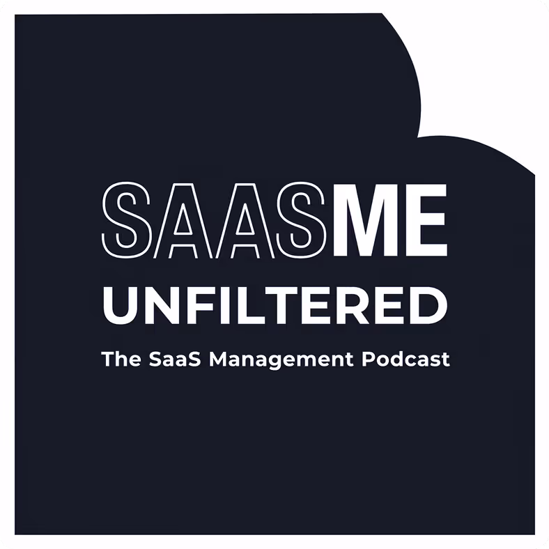 Logo for SaaSMe Unfiltered, the SaaS management podcast, with stylized text on a dark background.