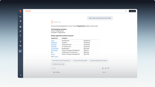 Clarity app interface listing 79 Zylo applications missing contract data with categories and values.