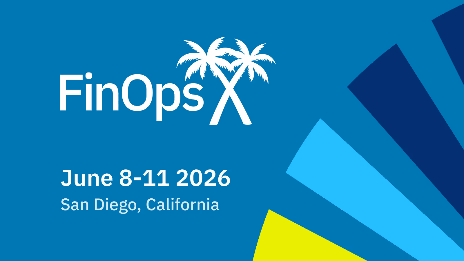 FinOps X event June 8-11, 2026 in San Diego, California with two palm trees as part of the logo.