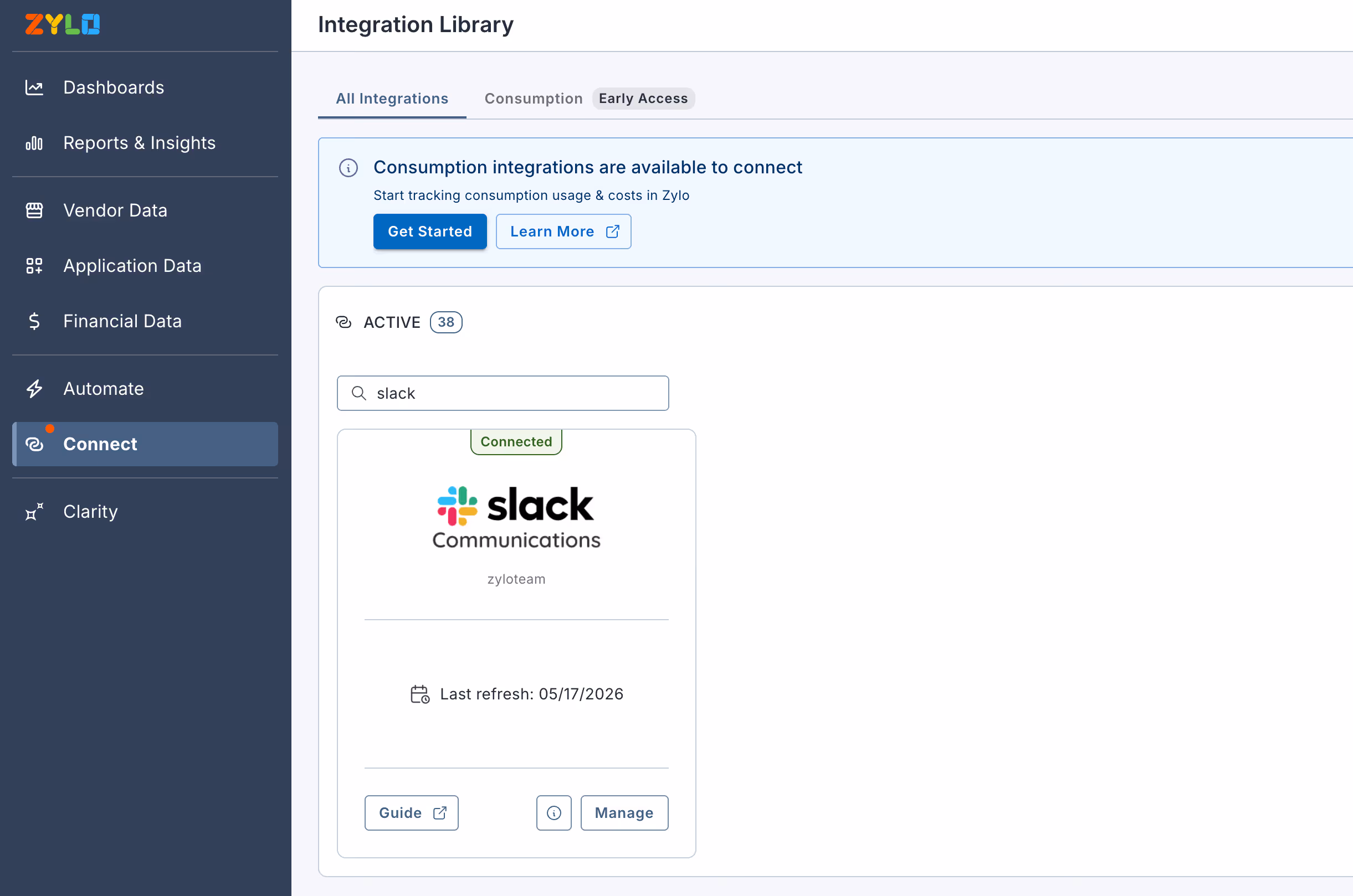 Integration Library screen showing active Slack Communications integration connected and last refreshed on 05/17/2026.