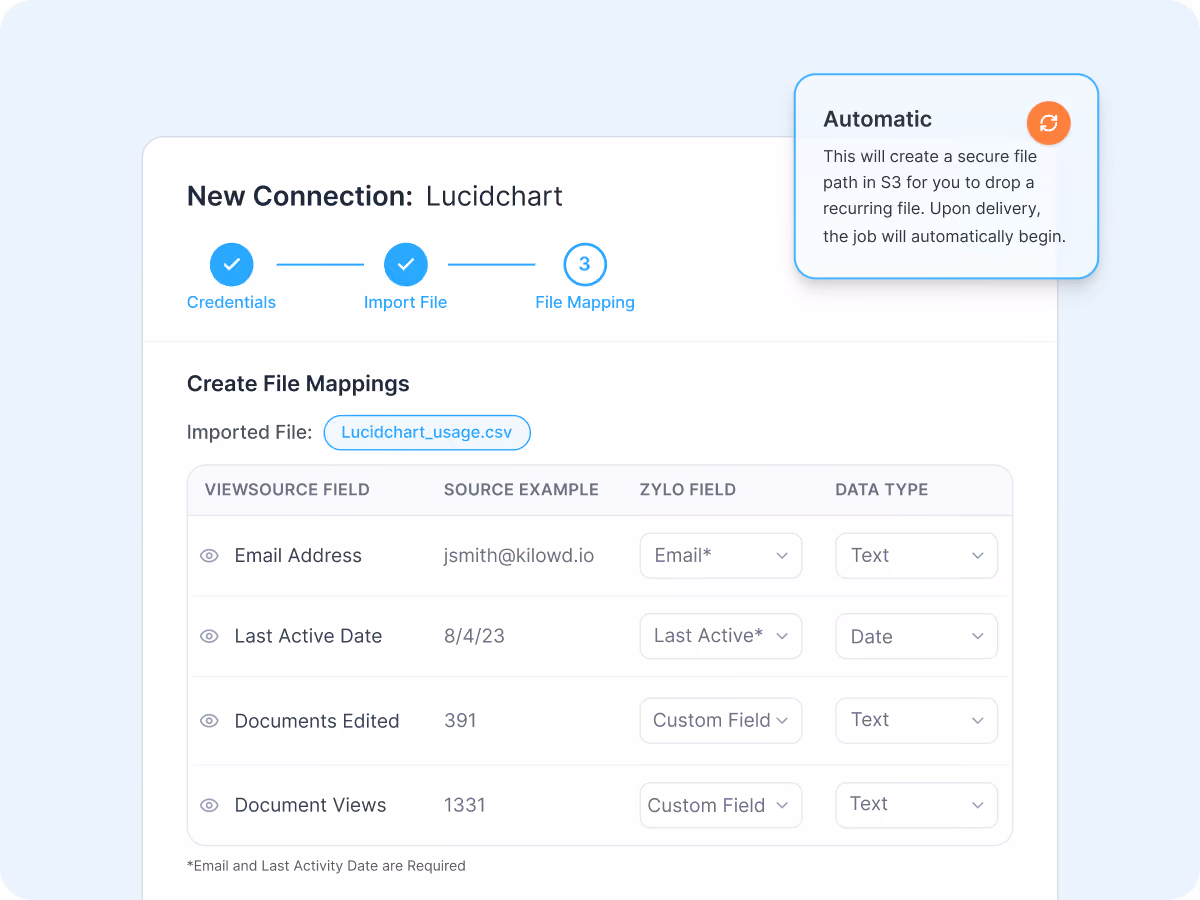 Interface for creating file mappings for Lucidchart with fields for email, last active date, documents edited, and views.