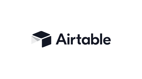 Airtable logo with geometric cube icon and text on black background.