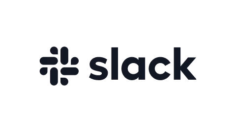 Slack company logo in black with multicolored symbol on black background.