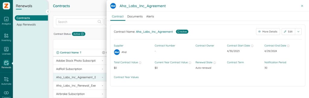 Aha Contract Page in Zylo - software license management