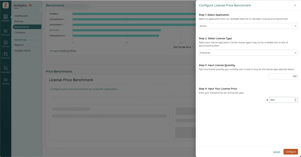 Configure license price benchmark zx