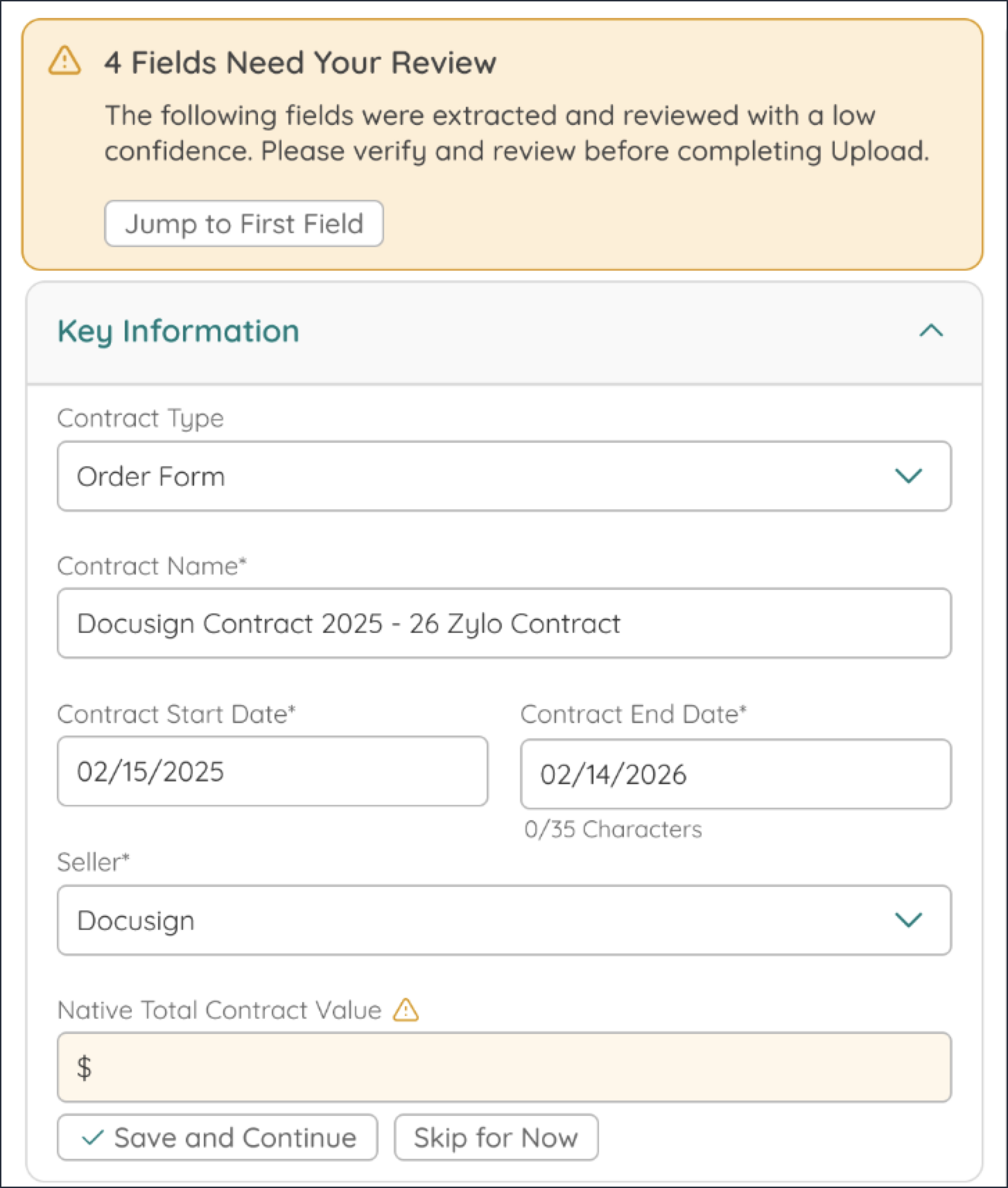 Contract Assist Agent highlighting fields that require more review due to low confidence