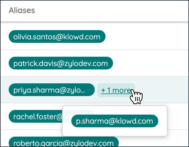 A screenshot of the Aliases column with a mouse hovering over a link to reveal more email addresses