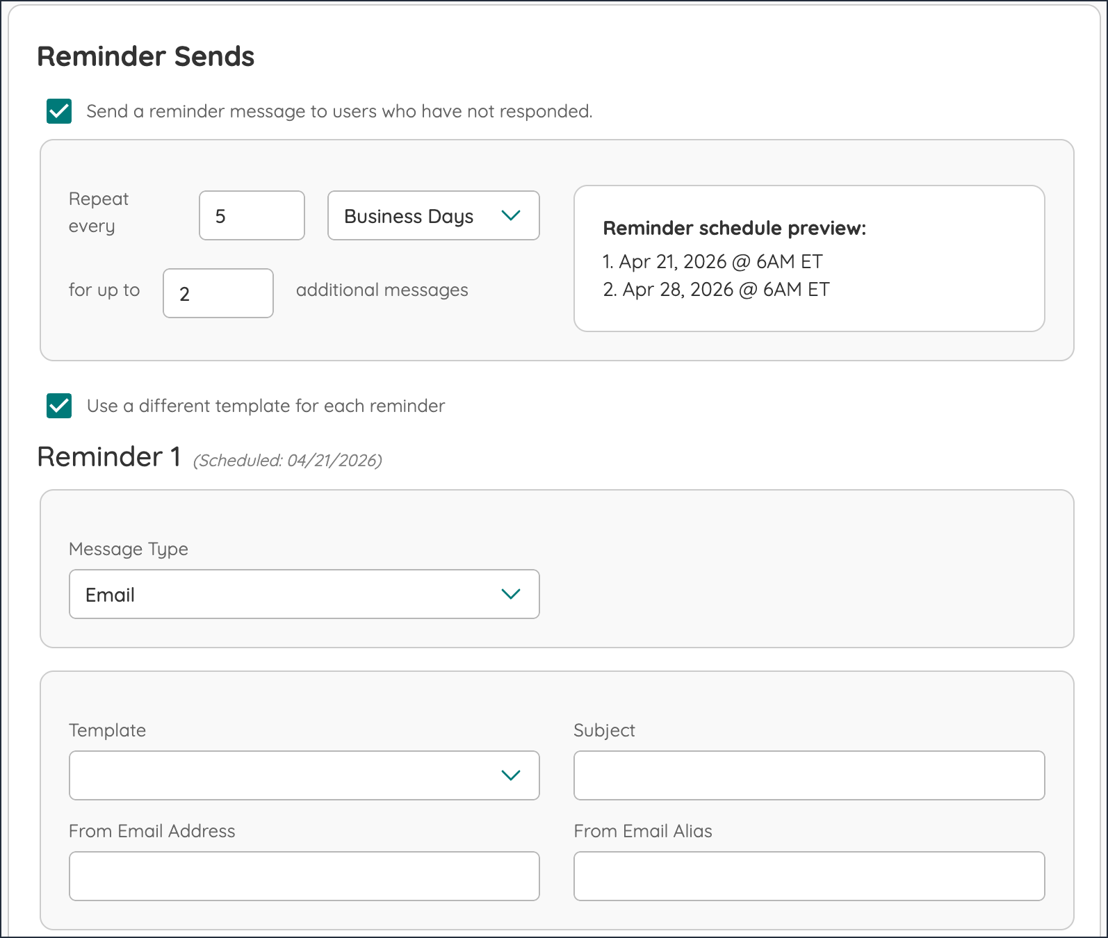 The Reminder Sends screen for customizing follow-up workflow messages