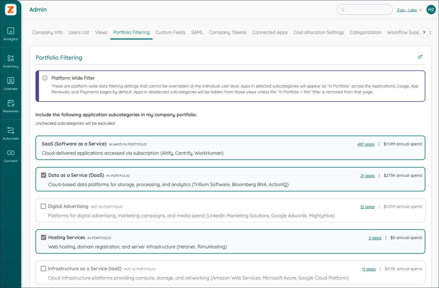 The portfolio filtering page in Admin with subcategories selected