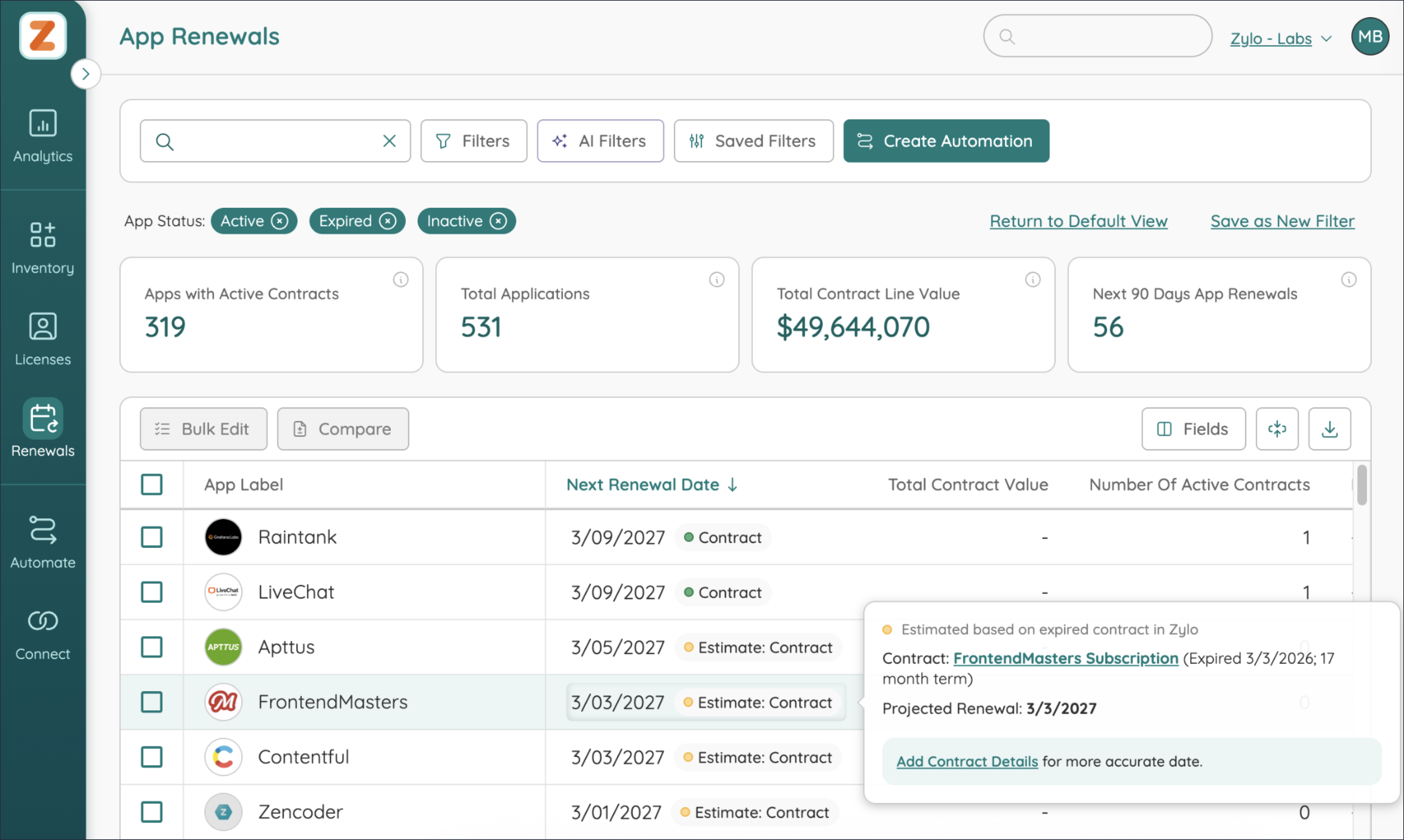 The App Renewal screen with a table of applications showing Estimate: Contract values and a info bubble with details about how the estimate was generated