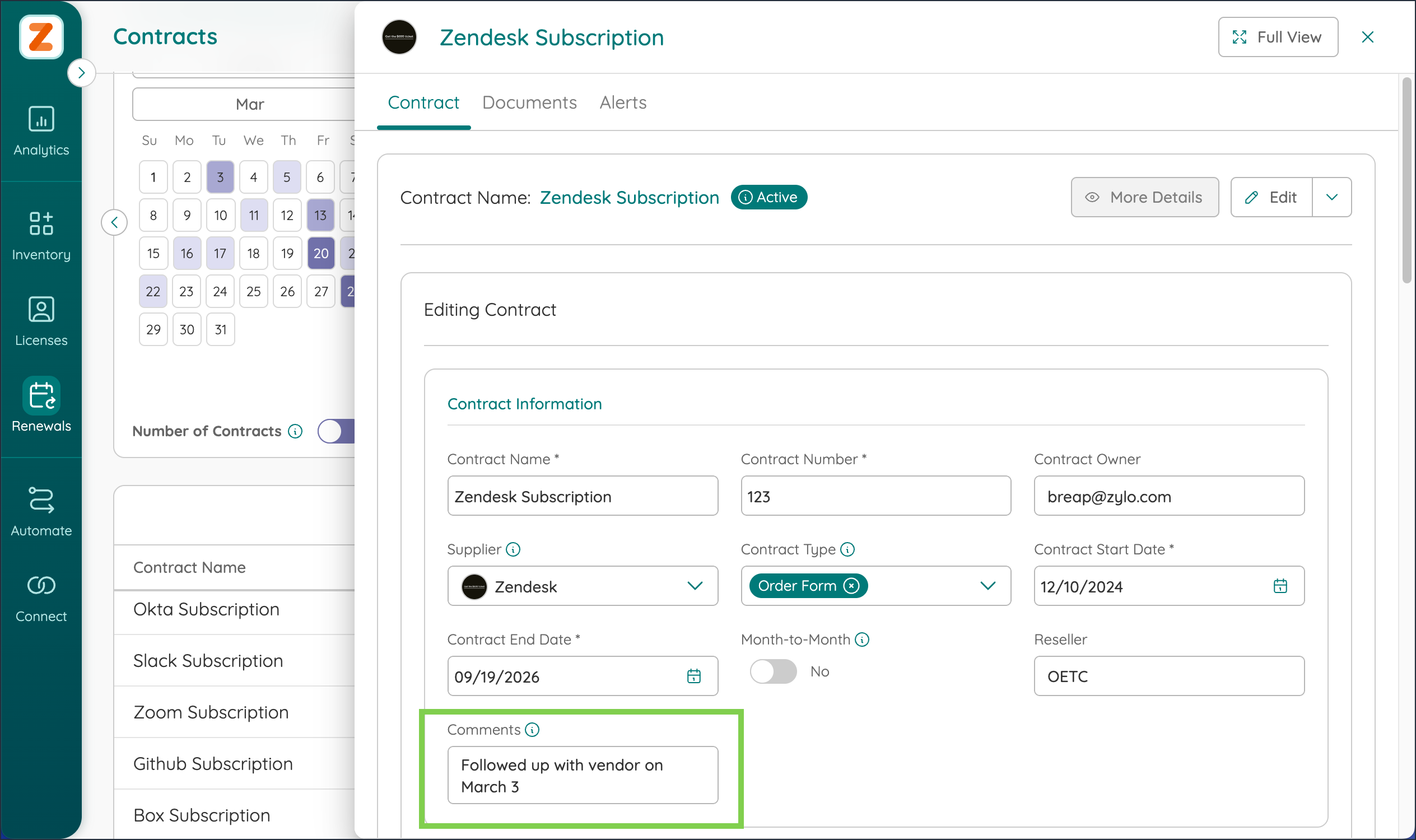 A screenshot of a contract in Zylo, highlighting the editable Comments field