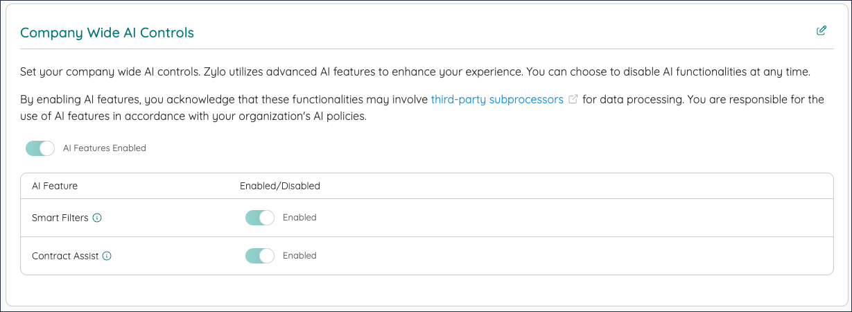 The AI controls interface with options for enabling smart filters and contract assist