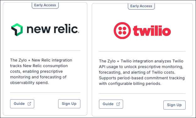 the New Relic and Twilio integration tiles in the Zylo integration library
