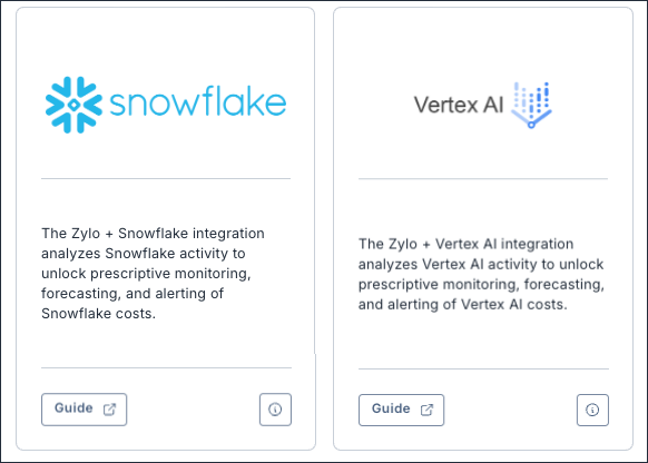 The Snowflake and Vertex AI integration tiles within the Zylo Integration Library, allowing you to connect and monitor consumption data.