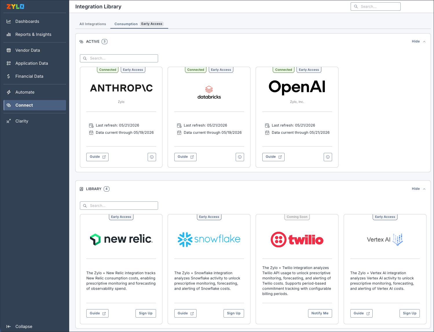 The Consumption tab of the Zylo Integration Library