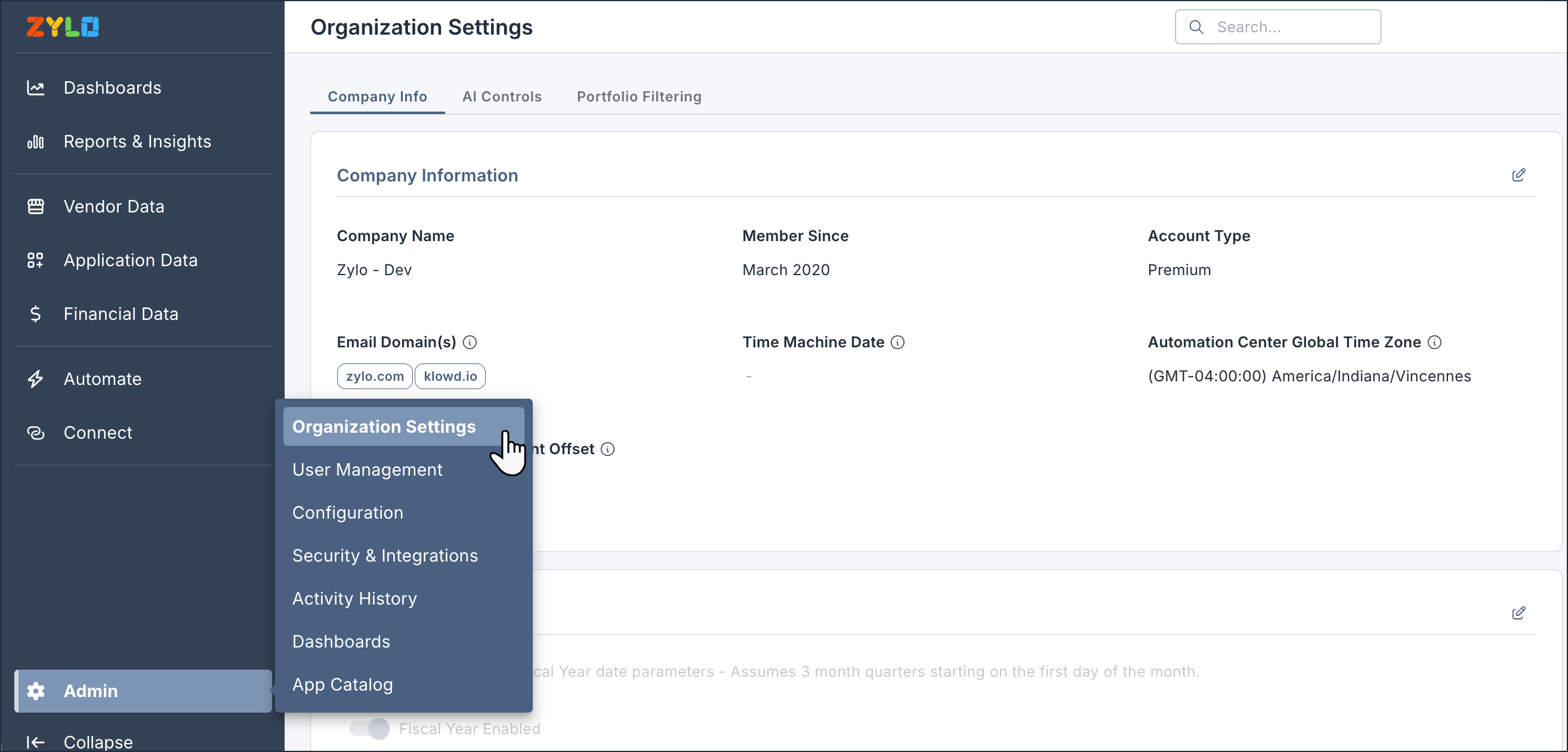 The Admin menu in the left navigation panel, expanded to show the new organization.