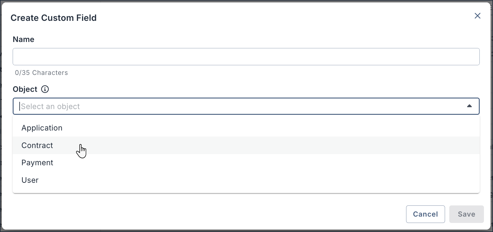 Create Custom Field window with object selector