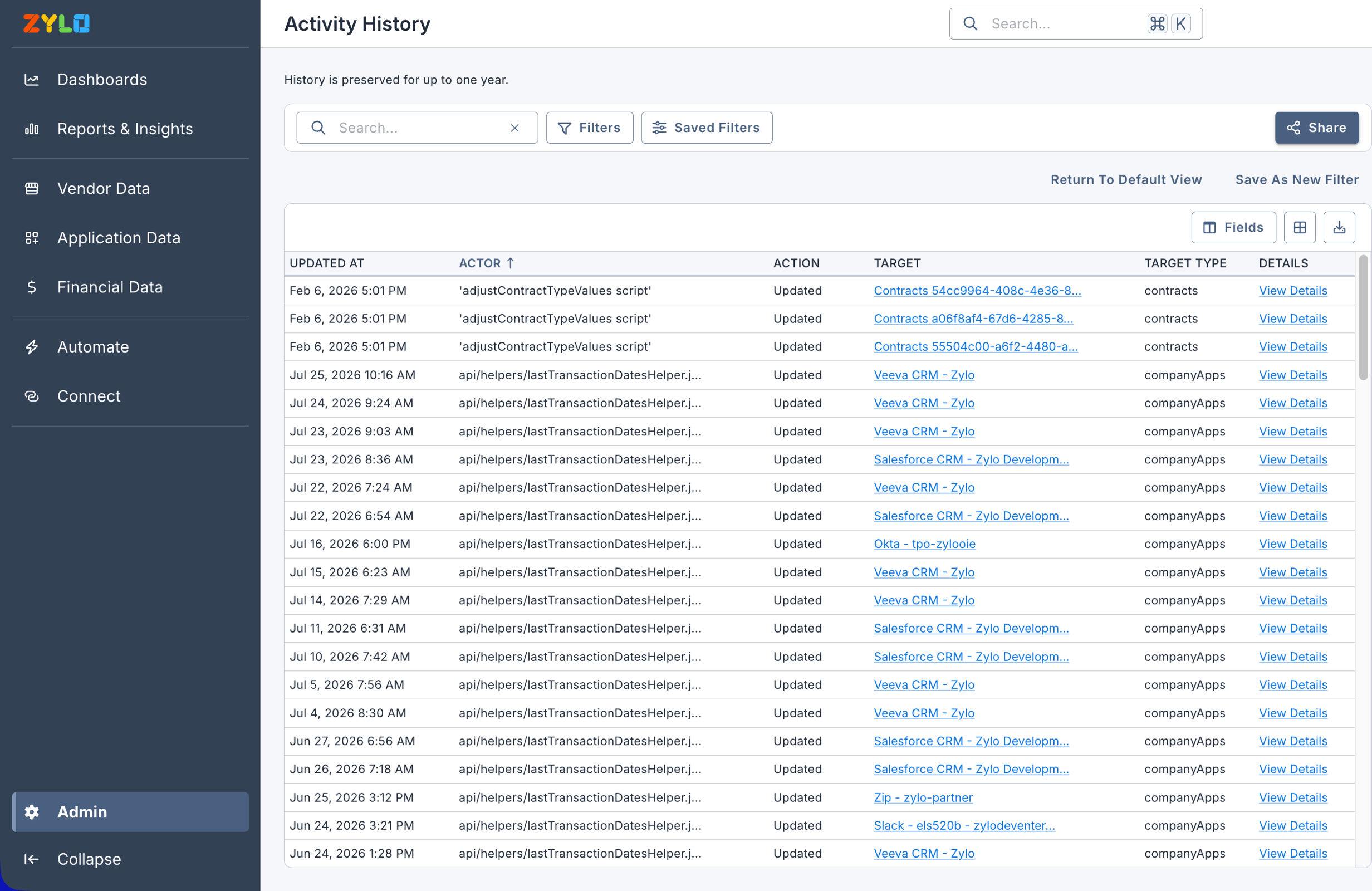The Activity History view showing the actor, action, target, and details for recent changes.