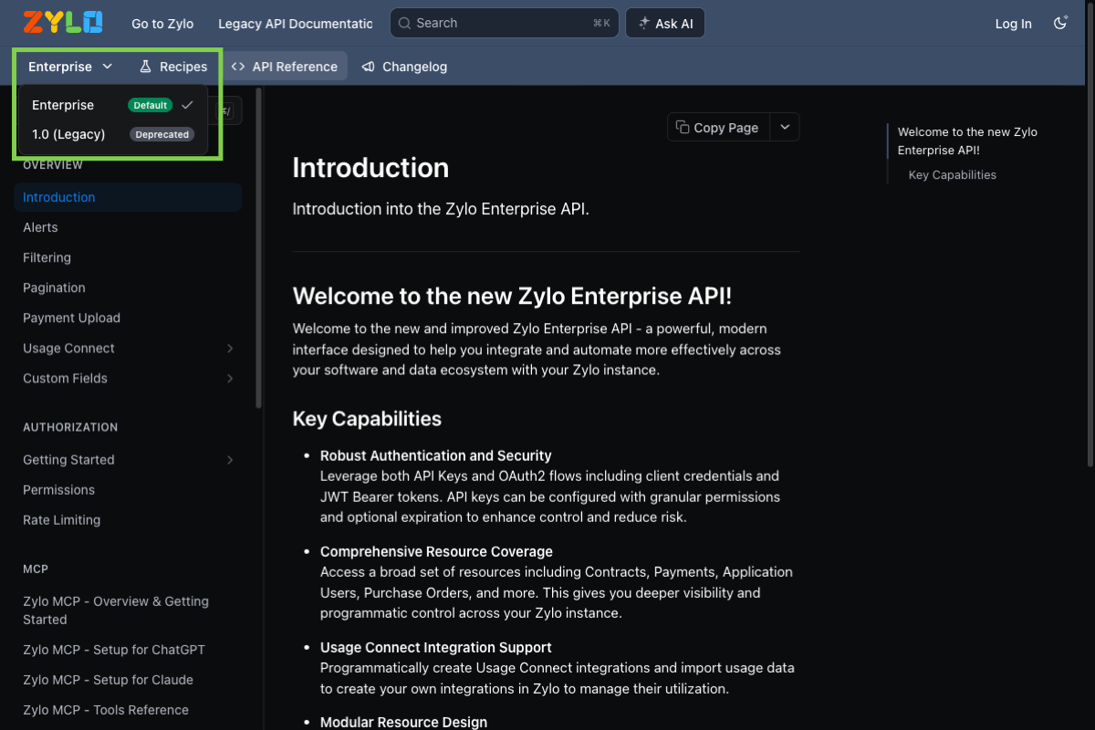 Version selector on the developer.zylo.com site