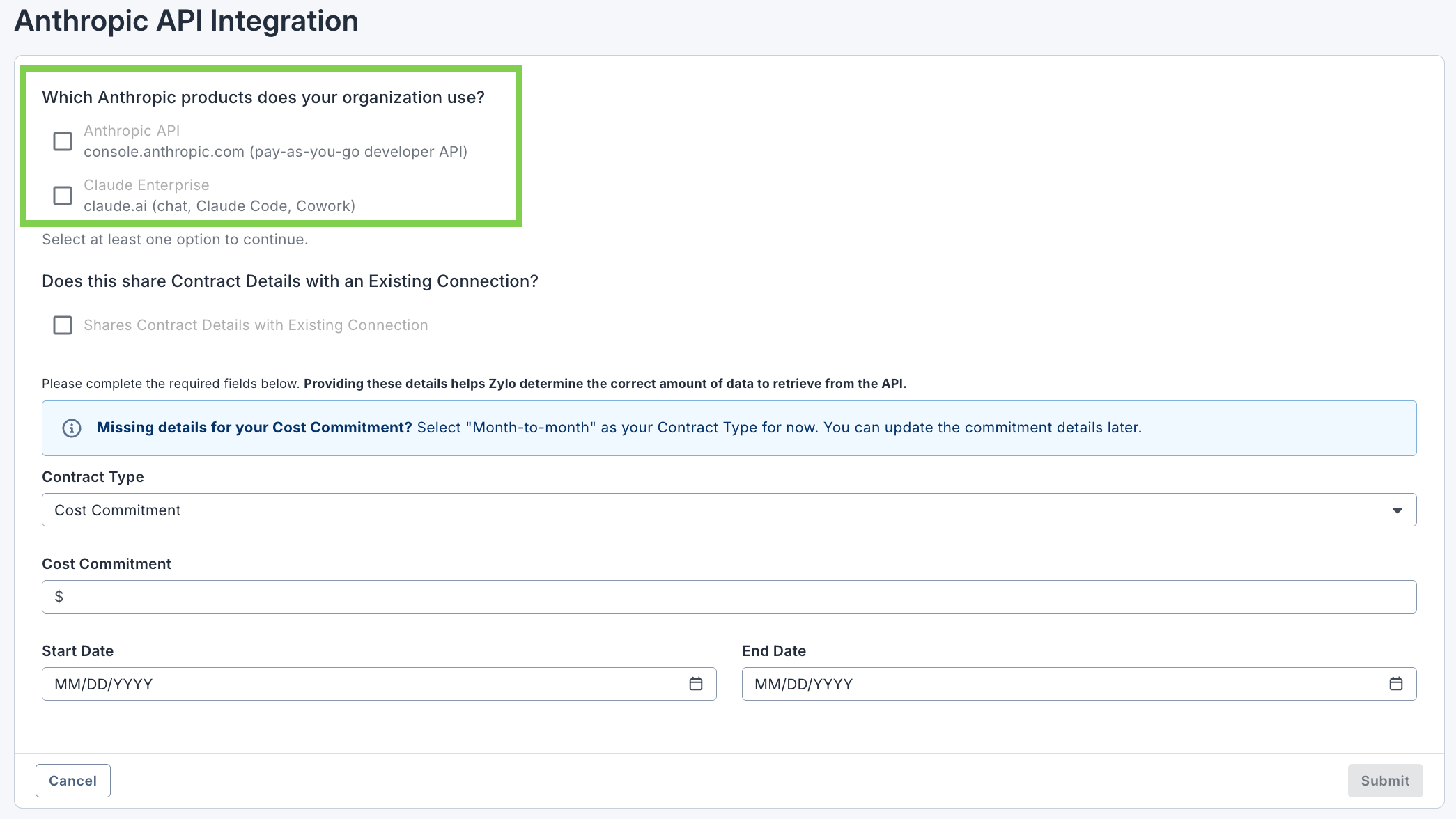The Anthropic Integration setup with new options for including the API and Claude Enterprise