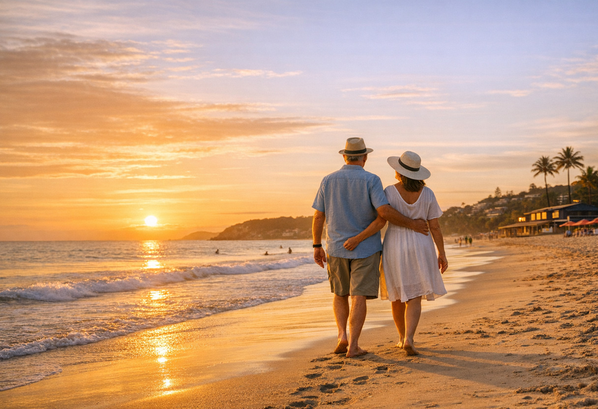 retired couple walking on beach