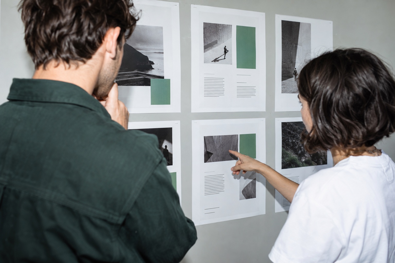 AI-generated editorial illustration of two people reviewing page layouts