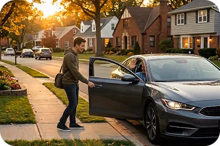Smiling man helping someone get out of the passenger side of a car in a suburban neighborhood.