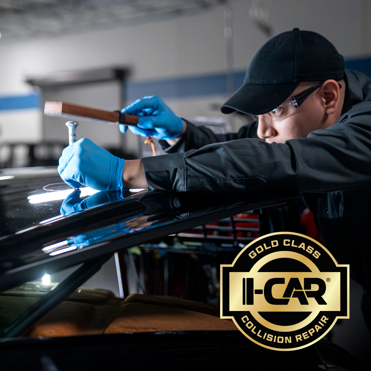 Collision repair expert repairing the windshield of a car with the I-CAR Gold Class certification logo in the corner.