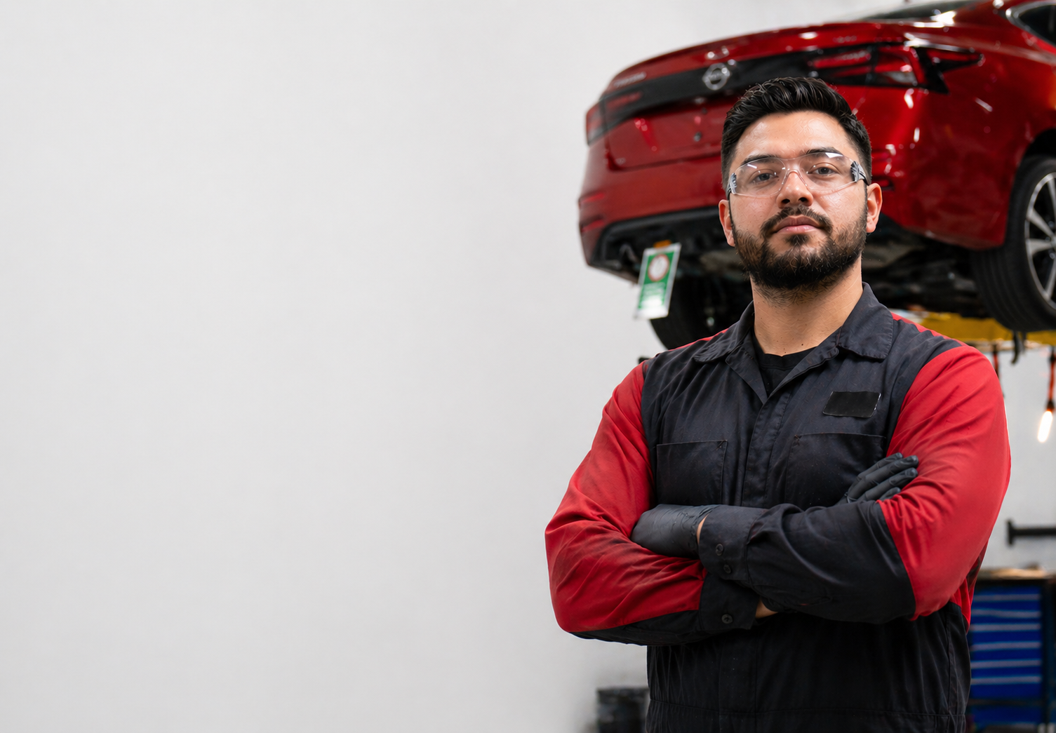 Collision repair professional with arms folded in front of a collage of vehicles and tools.