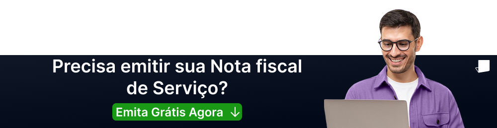 Homem sorridente utilizando um notebook, representando o processo simples de emissão da Nota Fiscal de Serviço Eletrônica em Florianópolis, com destaque para o botão “Emita Grátis Agora”.