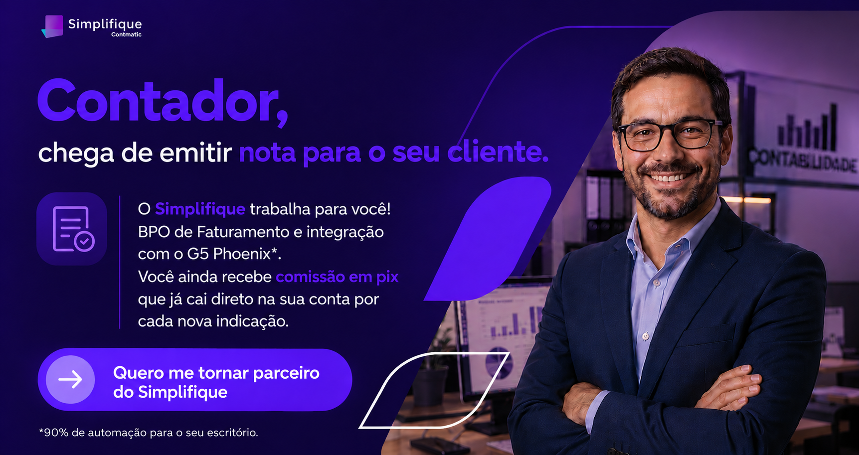 Indique o Simplifique — sistema ERP integrado com emissão de NF-e, NFS-e, CT-e e MDF-e e integração nativa com o sistema contábil G5 da Contmatic Phoenix