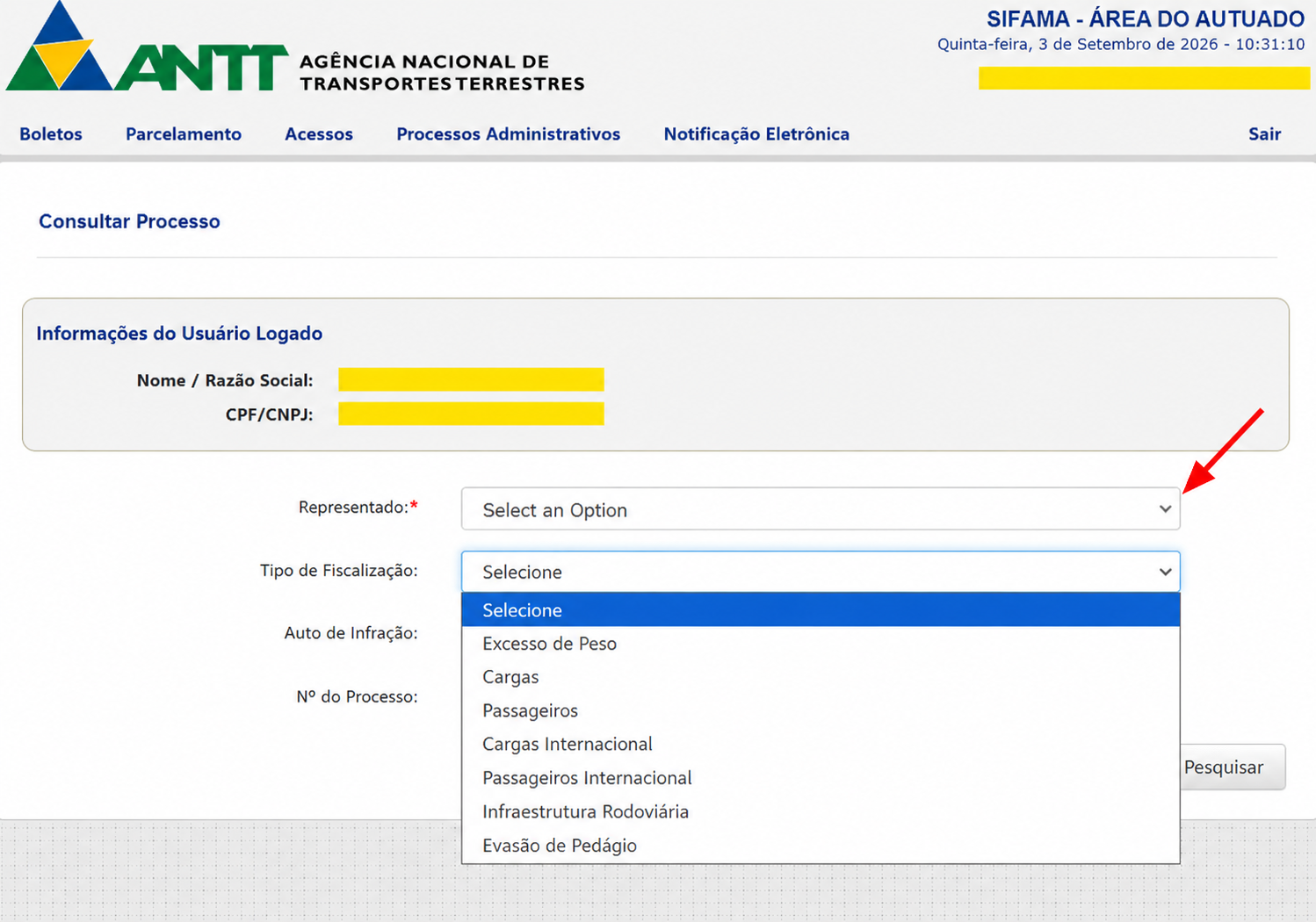 Tela Consultar Processo do SIFAMA com o campo Tipo de Fiscalização aberto para pesquisar as multas da ANTT por cargas ou passageiros