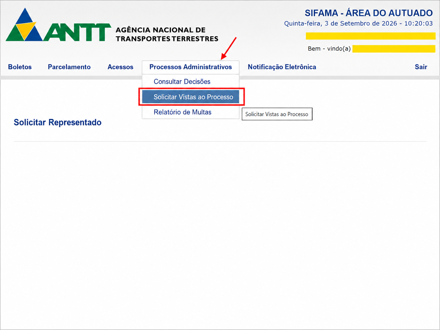 Menu Processos Administrativos do SIFAMA com a opção Solicitar Vistas ao Processo destacada para ver as multas da ANTT