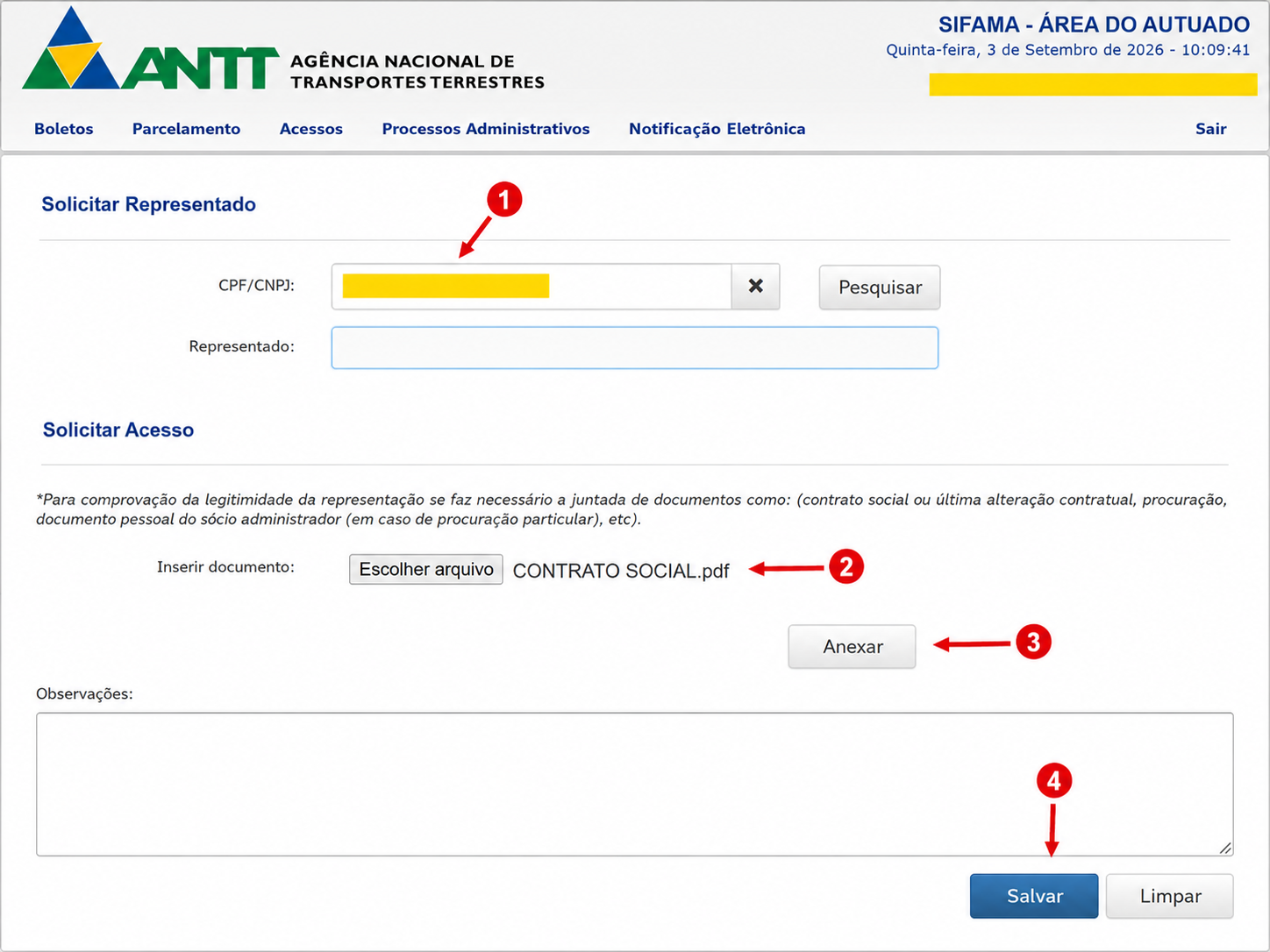 Formulário Solicitar Representado no SIFAMA, com campo de CPF ou CNPJ e anexo do contrato social para liberar a consulta de multas da ANTT