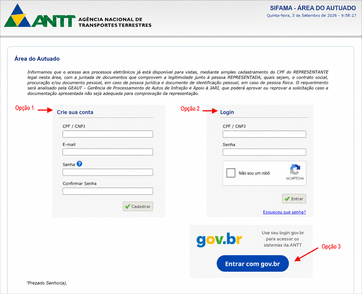 Tela de login da Área do Autuado da ANTT no SIFAMA, com as opções de criar conta, entrar com CPF ou CNPJ e acessar pelo gov.br