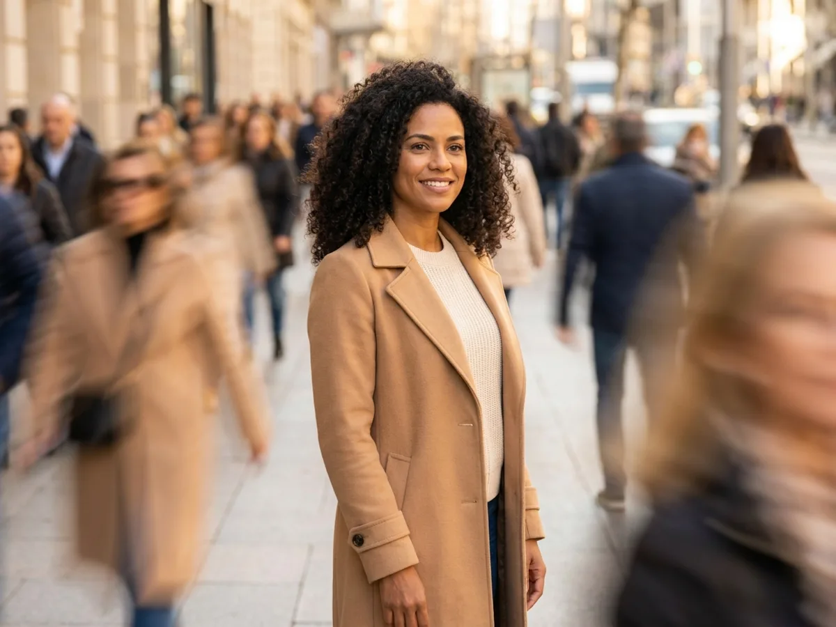 Empreendedora sorrindo em meio à multidão, com a gestão da empresa organizada por um sistema de gestão online
