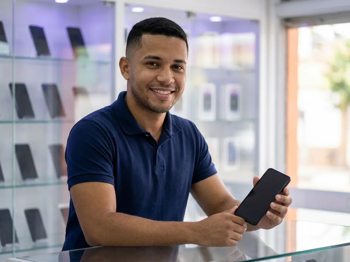 Vendedor sorrindo atrás do balcão de uma loja de celular, segurando um smartphone