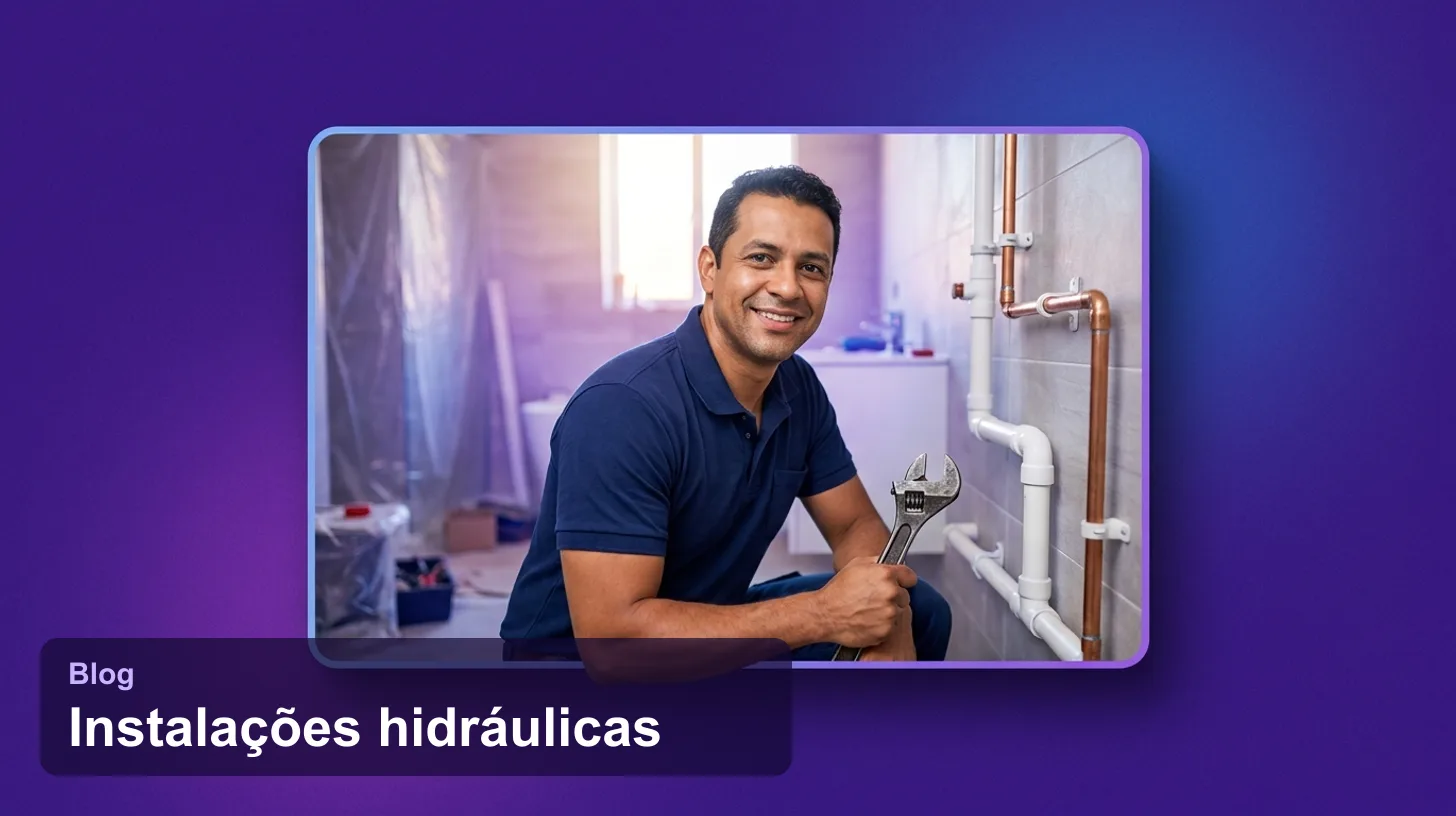 Nota fiscal de instalações hidráulicas: encanador com chave inglesa ao lado de tubulação nova no banheiro
