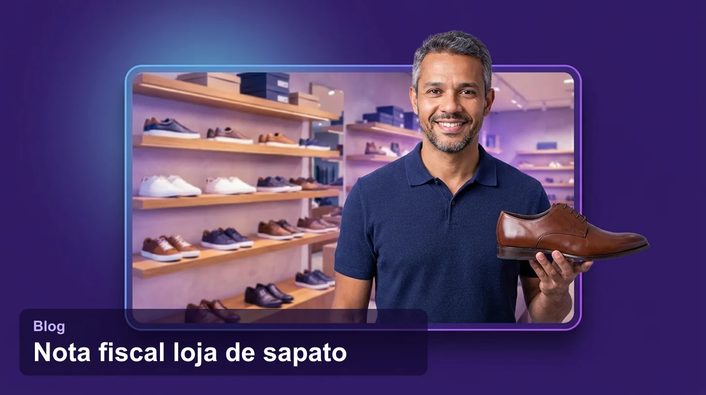 Nota fiscal para loja de sapato: lojista sorridente segurando um sapato de couro em frente às prateleiras de calçados