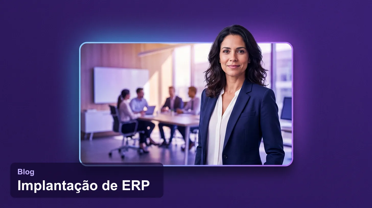 Implantação de ERP: gestora conduzindo o projeto com a equipe ao fundo