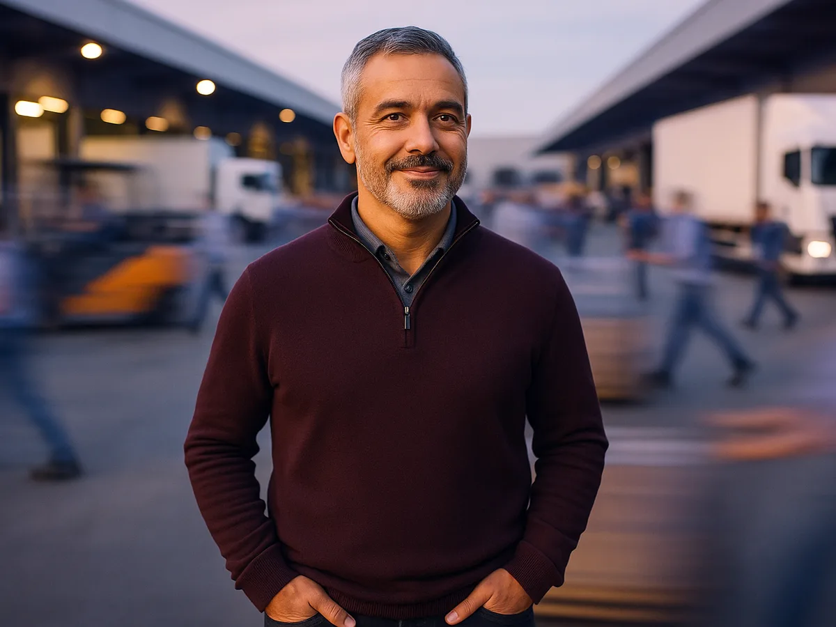 Gestor de transportadora sorrindo no pátio de carga, com a emissão de CT-e sem inutilizar numeração feita pelo emissor do Simplifique